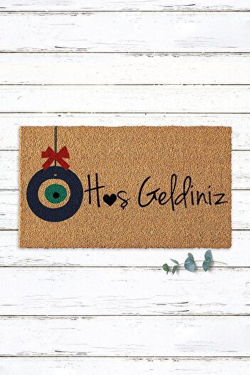 Paspas Yap Welcome Written Koko Mat with Evil Eye Beads Door Mat Door Mat PVC Base