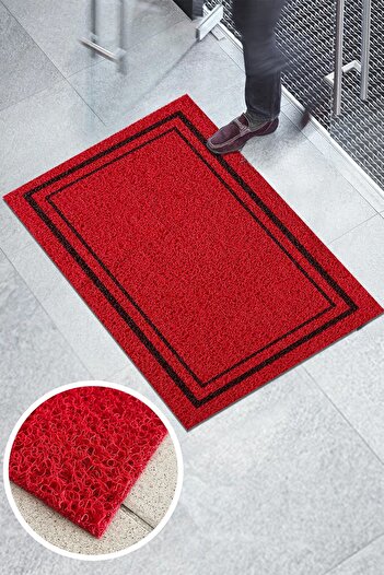 Paspas Yap Red Curly Mat - Rectangular Framed, Water Absorbent Apartment Entrance Mat