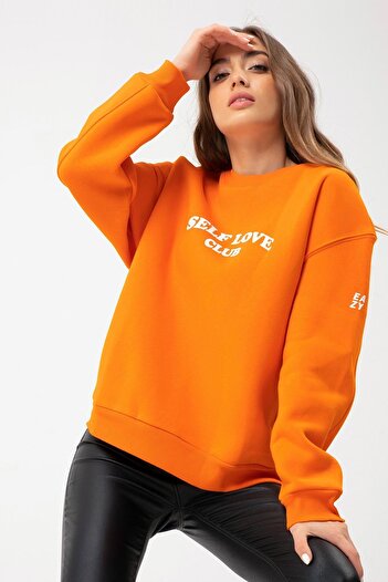 Eazy Co Eazy Self Love Oversize Unisex Orange Crew Neck Thick Sweatshirt