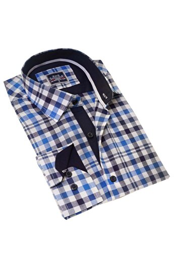Exve Exclusive Μπλε Navy Blue Λευκό τετράγωνο σχέδιο Βαμβακερό Slim Fit Μακρυμάνικο Ανδρικό πουκάμισο