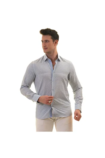Exve Exclusive Ice Blue Gingham Cardboard Boxed Slim Fit Long Sleeve Men's Shirt
