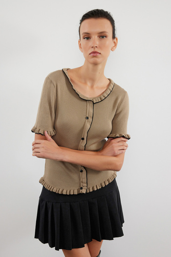 Trendyol Collection Knitwear Cardigan - Mink Color, Ruffle Detailed, Twoaw25Hi00203
