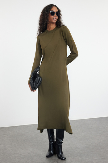 Trendyol Modest Πλεκτό Φόρεμα - Χρώμα Χακί, Λεπτομέρεια με ραβδώσεις, TCTAW25EB00051