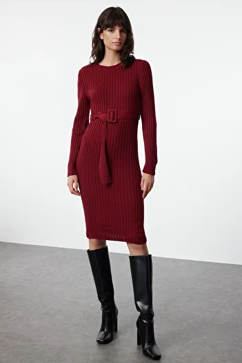 Trendyol Collection Tricotaj Rochie Mini cu Curea Bordeaux - TWOAW23EL00444