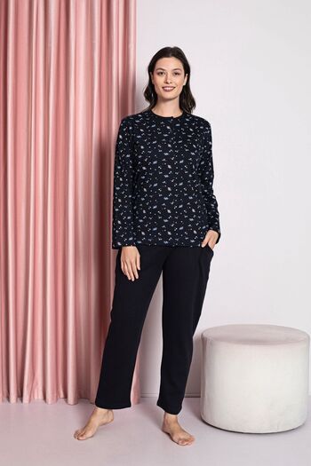 AHENGİM Interlock Cotton Pajama Set for Mother - 3 Buttons, Crispy Pattern, Seasonal