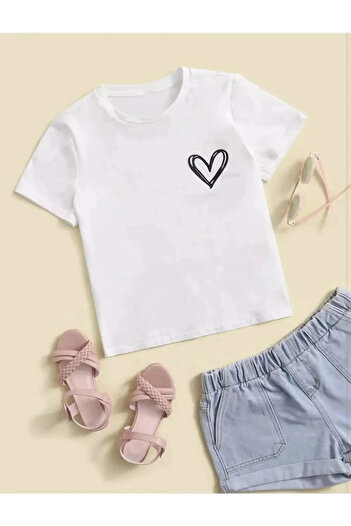 Pink Sky White Minimal Heart Patterned T-shirt - Mother and Child