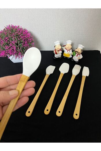 Kitchen Crazy Bamboo Handle 5 Piece Mini Silicone Spatula Spoon Brush Set - Cream