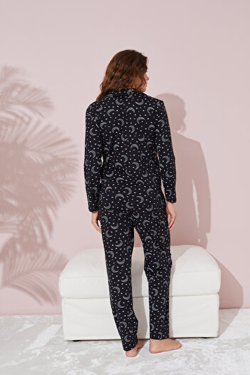 Siyah İnci Cotton Buttoned Black and White Moon Patterned Pajama Set