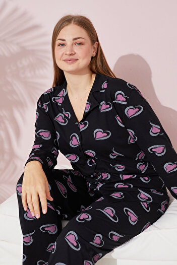 Siyah İnci Plus Size Black PinkcurvePatterned Cotton Pajama Set - Buttoned