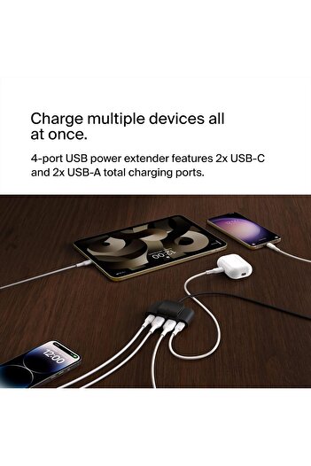 Belkin 4-Port USB Power Extender, 2m Cable, 2 USB-C & 2 USB-A Ports, 30W Fast Charger for iPhone 14, S23