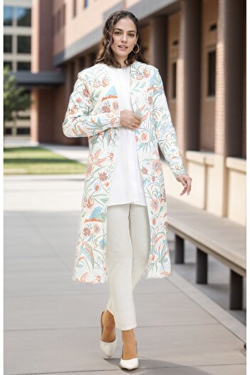 RESPİRO Loose White Lightweight Cardigan - Cotton Patterned, Long Breathable