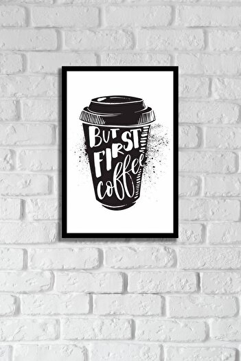 MH MiniHediye Pictură decorativă din lemn MDF cu aspect de cadru scris cu textul But First Coffee, 20x30 cm