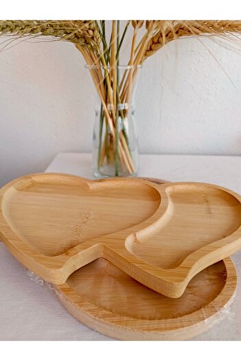 Bamboo İki Kalp Detaylı Bambu Servis Tabağı,Orta Boy Bambu Sunumluk