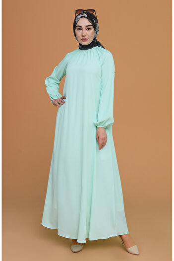 sefamerve Mint Green Gathered Sleeve and Collar Dress - 3210-08