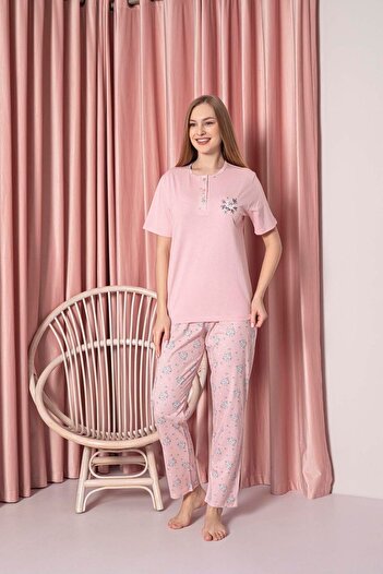 AHENGİM Single Jersey Short Sleeve Floral Patterned Cotton Women's Pajamas Set