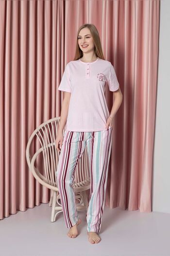 AHENGİM sinGle Jersey Cotton Pajama set for Women - short sleeve, Lower stripes and Chest Embroidery W 20722328