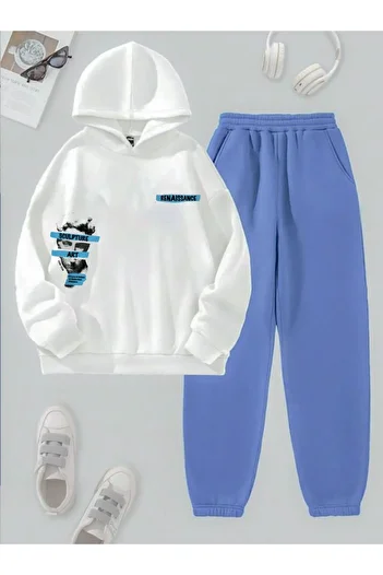 Hunors Sportswear & Company Reneissance Printed 2-Piece Unisex Combination - White and Baby Blue Tracksuit Set