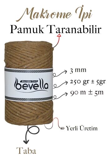 Bevella Macrame Cord Taranan Makrome Ipi 3mm Taranabilir Pamuk Tek Büküm Makrome Ipi Taba