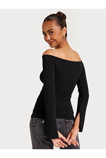 KaSheHa Black Body Blouse Boat Neck Elastic Sleeves Slit Combed Cotton Blouse