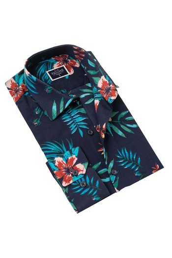 Exve Exclusive Світло-синя сорочка з тропічним принтом «квітка граната» Slim Fit, дихаюча, літня, бавовняна