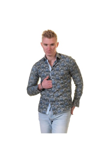 Exve Exclusive Хакі зелено-синя сорочка з візерунком шали, пранна, slim fit, чоловіча