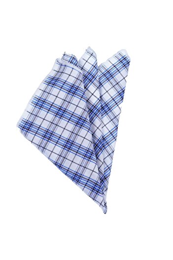 Exve Exclusive Blue White Black Plaid Checked Cotton Pocket Collar Handkerchief