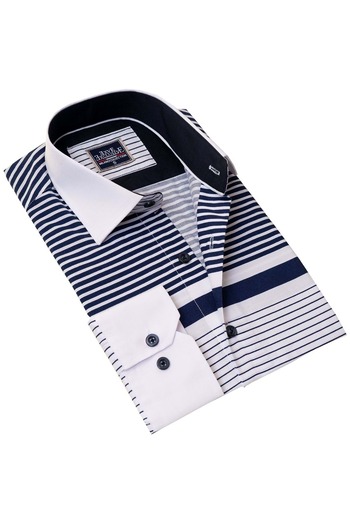 Exve Exclusive White with Dark Blue Stripes on the Chest, Special Board Cut Slim Fit Long Sleeve Men's Shirt