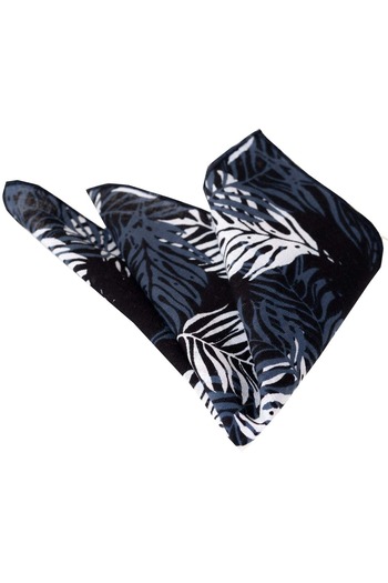 Exve Exclusive Indigo Blue and White Leaf Printed Collar Pocket Handkerchief on Black