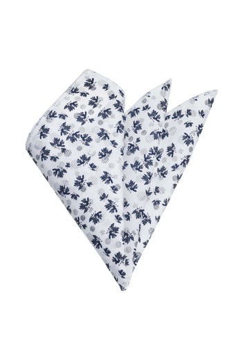 Exve Exclusive White and Navy Blue Flower Printed Pocket Collar Handkerchief
