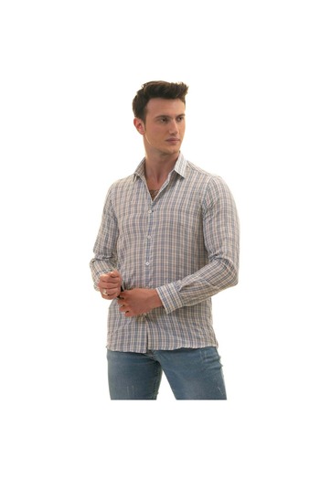 Exve Exclusive Blue Black Plaid Checked Slim Fit Long Sleeve Men's Shirt on White