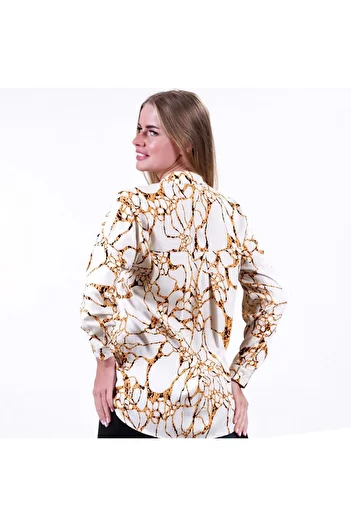 Exve Exclusive Beige Gold Dore Patterned Oversize Comfortable Woven Women's Viscose Long Shirt Tunic