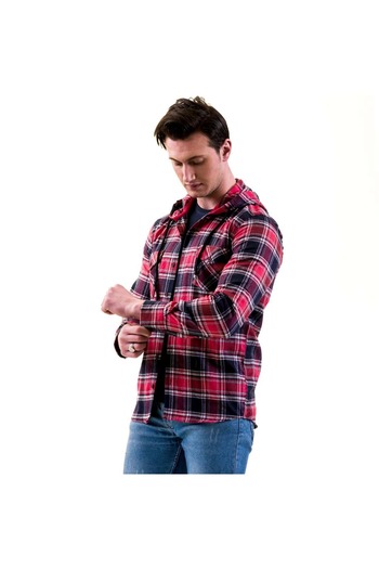 Exve Exclusive Red Navy Blue Plaid Checked Wool Double Pocket Hooded Lumberjack Western Shirt