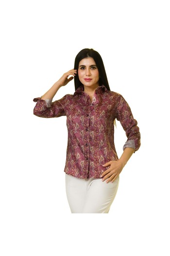 Exve Exclusive Burgundy Gold Paisley Pattern Printed Polyester Women's Shirt