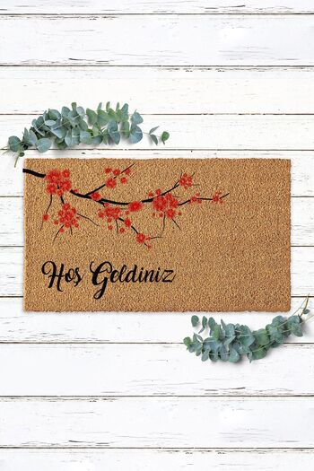 Paspas Yap Red Floral Tree Branch Welcome Door Mat Koko Mat Outside Door Mat Bristle Mat