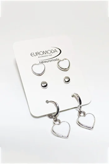 EUROMODA 3-Piece Earring Set with Ball Earrings - Heart Design