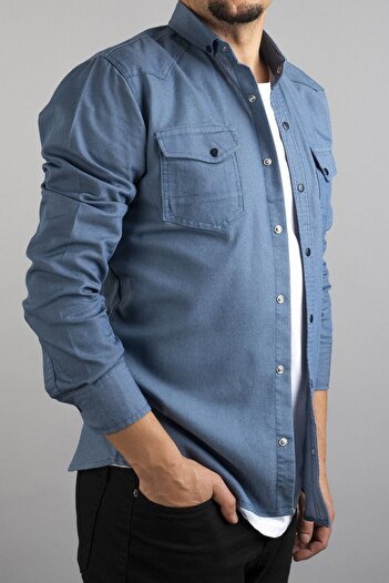 bombe Ανδρικό τζιν πουκάμισο Slim Fit Ice Blue