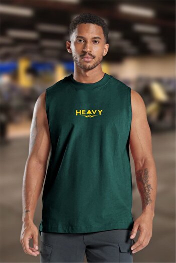 BESSA Men's Heavy Printed Petrol Oversize Crew Neck Cotton Sleeveless T-Shirt/Atlet