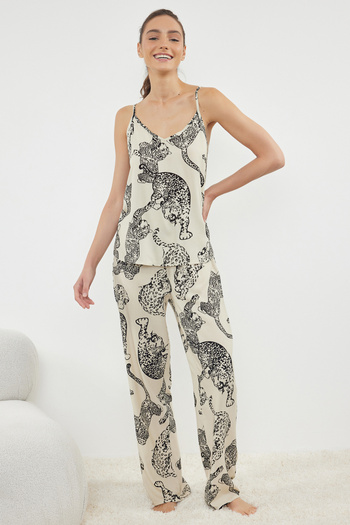 Trendyol Collection Cream Tiger Patterned Rope Strap Viscose Woven Pajamas Set Thmss24Pt00127