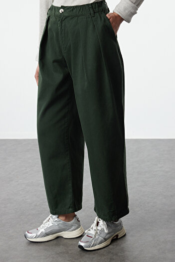 Trendyol Collection High Waist Elastic KHaki Barrel Trousers - TWOAW25JE00030