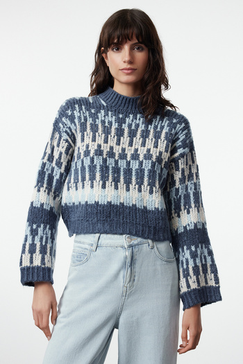 Trendyol Collection Pulover de tricotaj gros, cu model etnic, cu textura moale, albastru TWOAW24KZ00688