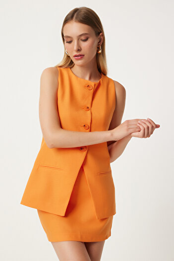Happiness İstanbul Orange Fleto Women's Vest - Long Woven with Pocket Detail FN03239