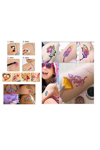 Airbrush Tattoo Simli Dövme Glitter Tattoo Kit 10 tüp Sim 100 şablon hediyeli Mega Paket