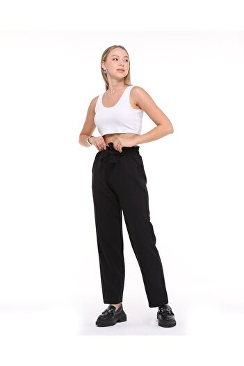 Lin Collection Kadın Siyah Beli Kuşaklı Lastikli Atlas Dokuma Kumaş Pantolon KPNTLN0001
