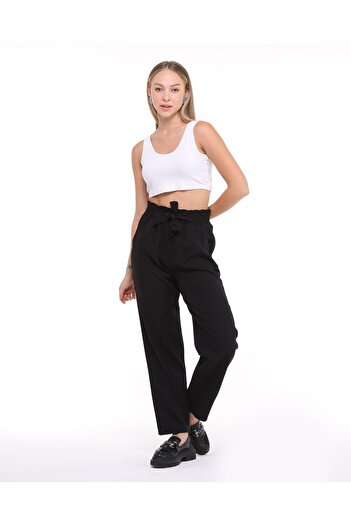Lin Collection Kadın Siyah Beli Kuşaklı Lastikli Atlas Dokuma Kumaş Pantolon KPNTLN0001