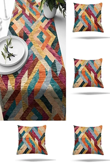 Pelangi 4-Piece Colorful Table Set with Geometric Blocks - Vibrant, Decorative and Throw Pillow Cover Runner