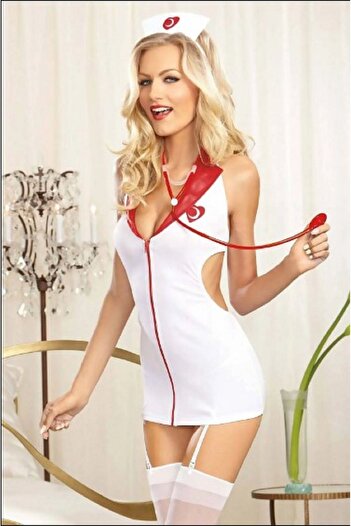 GİYİMX Women's Fancy Nurse Suit with Garter Belt and Stockings Included