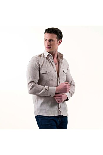 Exve Exclusive Сірий меланж Натуральний льон Slim Fit Подвійні кишені з клапанами Western Malboro Сорочка