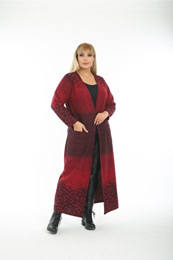 ElisaOtantik Women's Large Size Jacquard Claret Red Long Cardigan