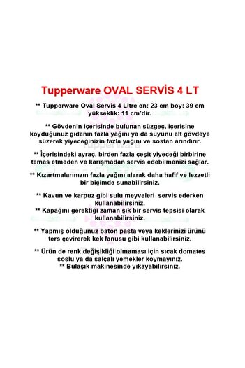Tupperware Oval Servis 4 Lt Süzgeçli Çok Amaçlı Saklama Kabı
