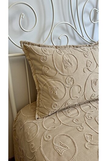 Decamor home Beige Embroidered Bedspread Set - Embroidered Detailed, Double Pique